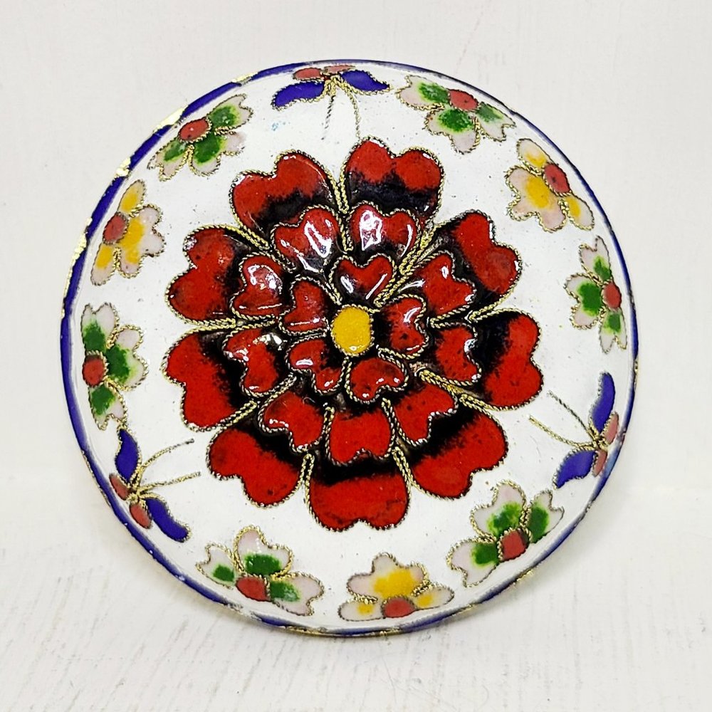Vintage White Cloisonne Enamel Brass Trinket Pill Box Floral Butterfly Red Blue